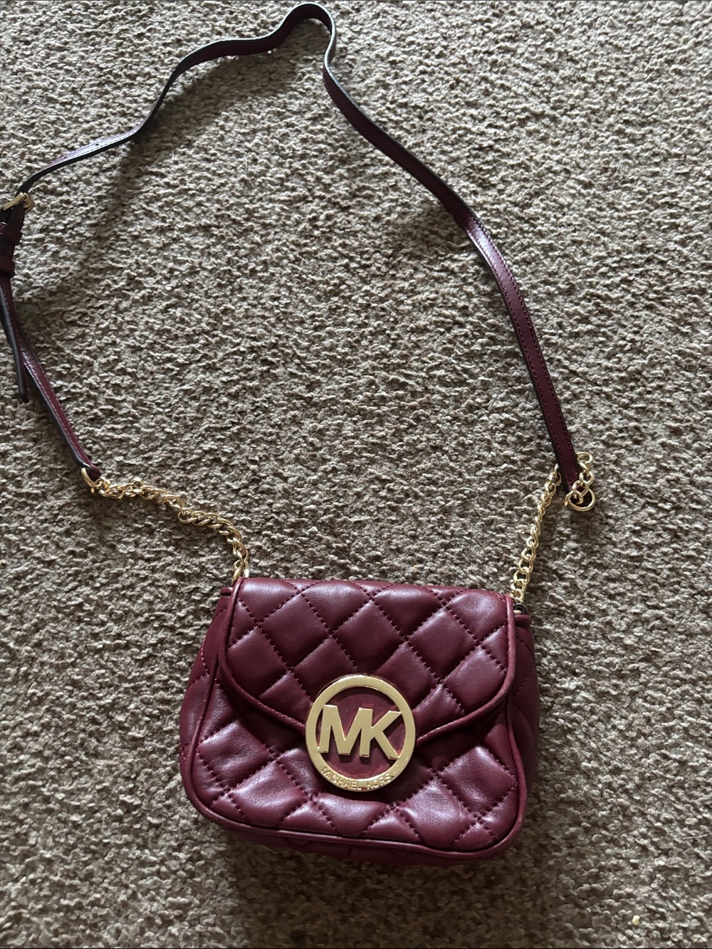 Michael Kors Quilted Burgundy Crossbody with Gold MK Medallion
